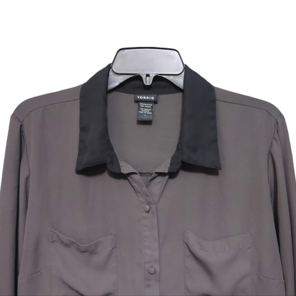 Torrid Gray Black Colorblock Sheer Button Down To… - image 3